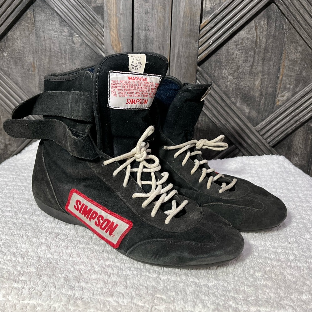 Simpson Hightop Racing Shoes Mens Size 8 Black Satin Suede Leather